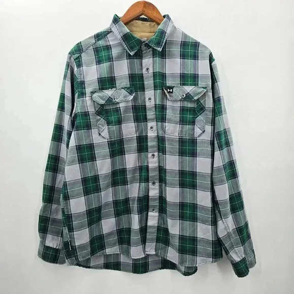 Under Armour Green Plaid Elbow Patch Button Lovesleeve Utility Shirt Large - Picture 1 of 7